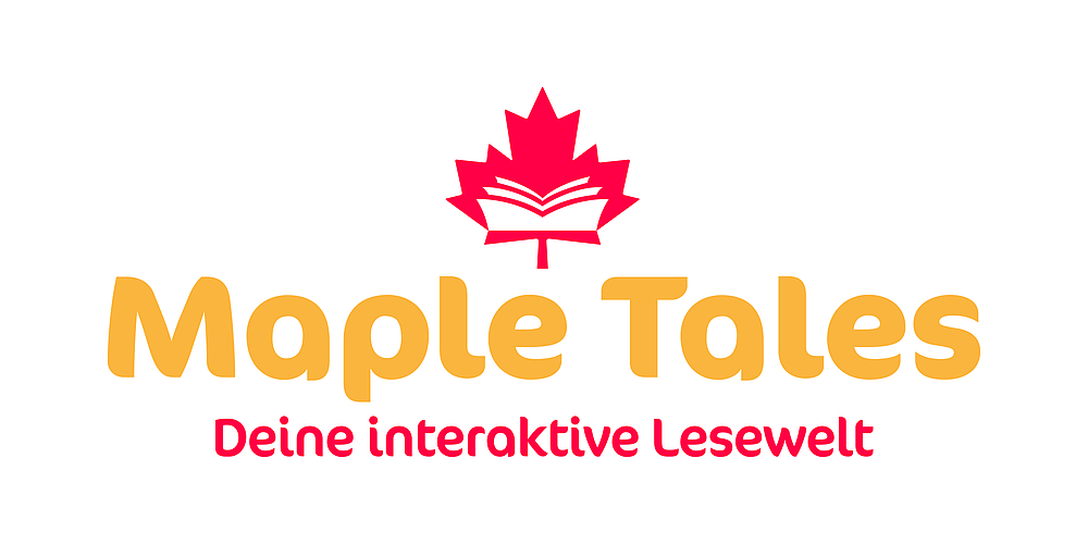 Auf dem Bild erkennt man die Aufschrift "Maple Tales" in gelb. Darunter stehlt "Deine interaktive Lesewelt" in der Farbe rot. Über der Aufschrift "Maple Taples" ist ein rotes Blatt abgebildet, in dem der Umriss eines Buches zu erkennen ist.