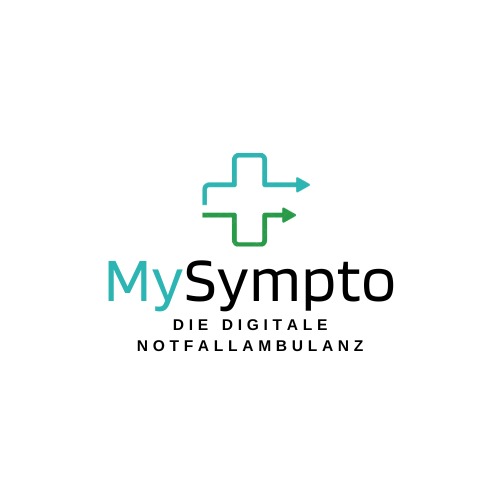 Auf dem Bild erkennt man das Logo von MySympto. Unter dem Logo steht der Slogan "Die digitale Notfallambulanz". "My" ist in der Farbe Türkis geschrieben und "Sympto" in schwarz. Über dem Logo befindet sich ein Kreuz. Der obere Teil des Kreuzes ist in türkis und der untere Teil in grün.